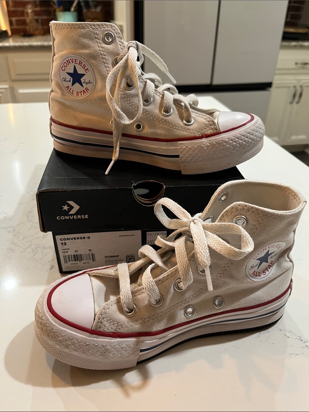 Converse High Top Sneakers - Cream with Red & Blue Trim